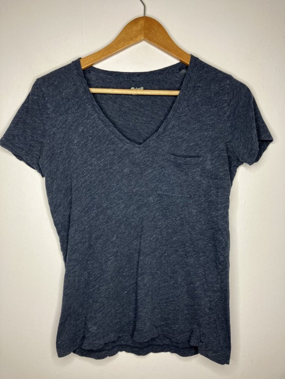 Madewell Women's XS Blue Heathered Cotton V-Neck Pocket T-Shirt Tee Top Casual